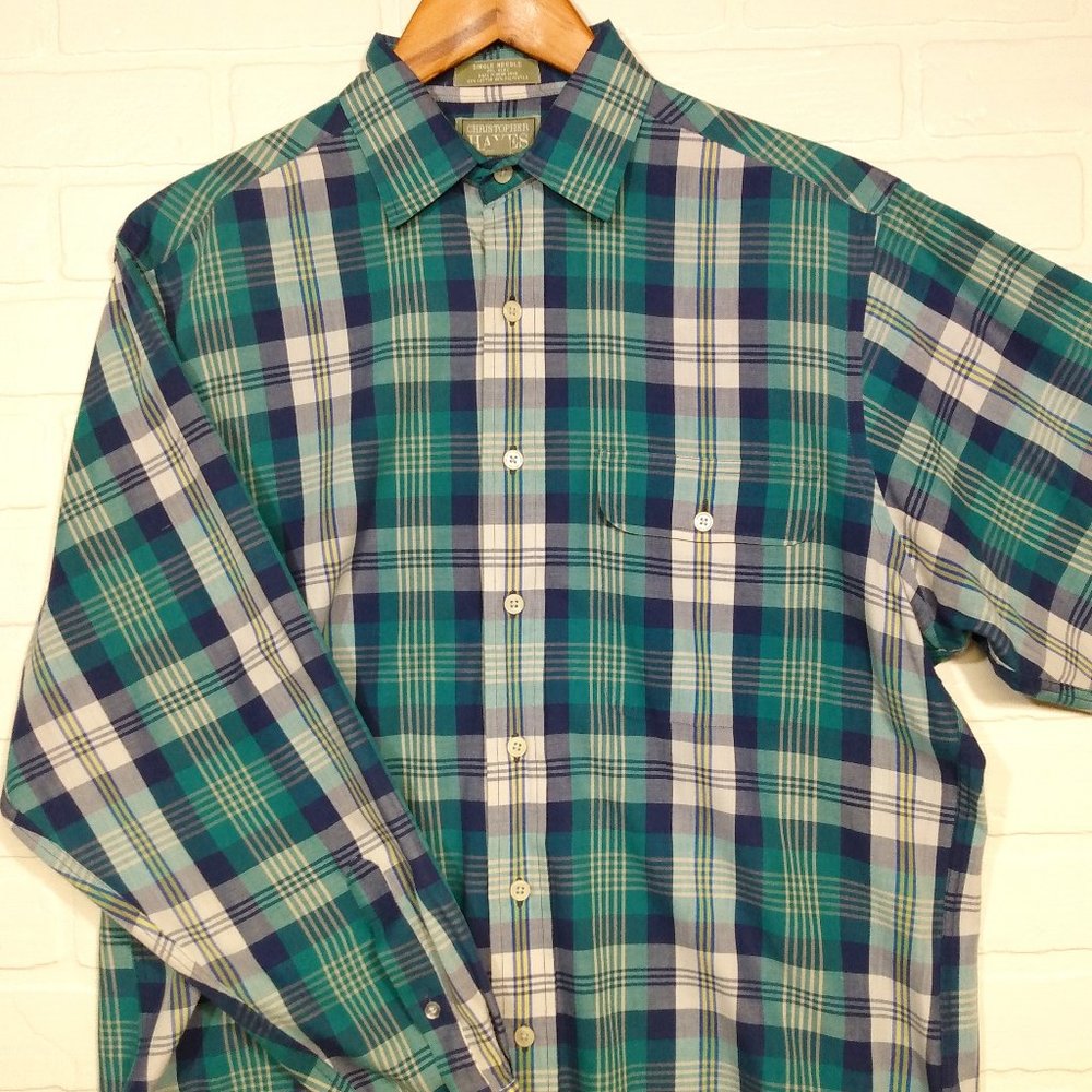 Christopher Hayes men's turquois aqua plaid long sleeve button shirt Medium
